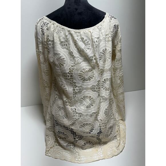 Boho Chic Women’s Blouse Sz Small Crochet White 3/4 Bell Sleeve House of Trends - Picture 10 of 10
